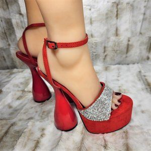 ☆ Cape Robbin Red Super High Heeled Chunky Ankle Strap Rhinestone Sandals